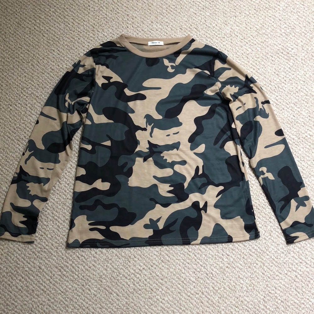 Womens Casual Camo Print Tops Crew Neck Long
